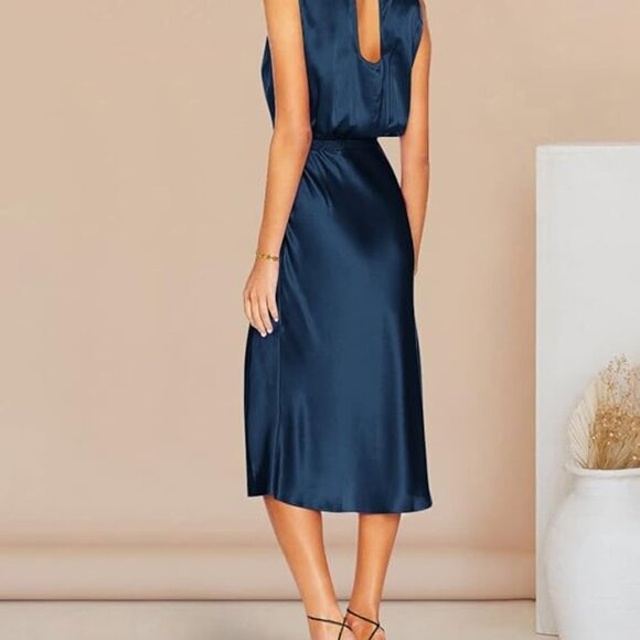 PRETTY GARDEN Mock Neck Sleeveless Satin Dress, Slit Midi XL - Picture 2 of 4